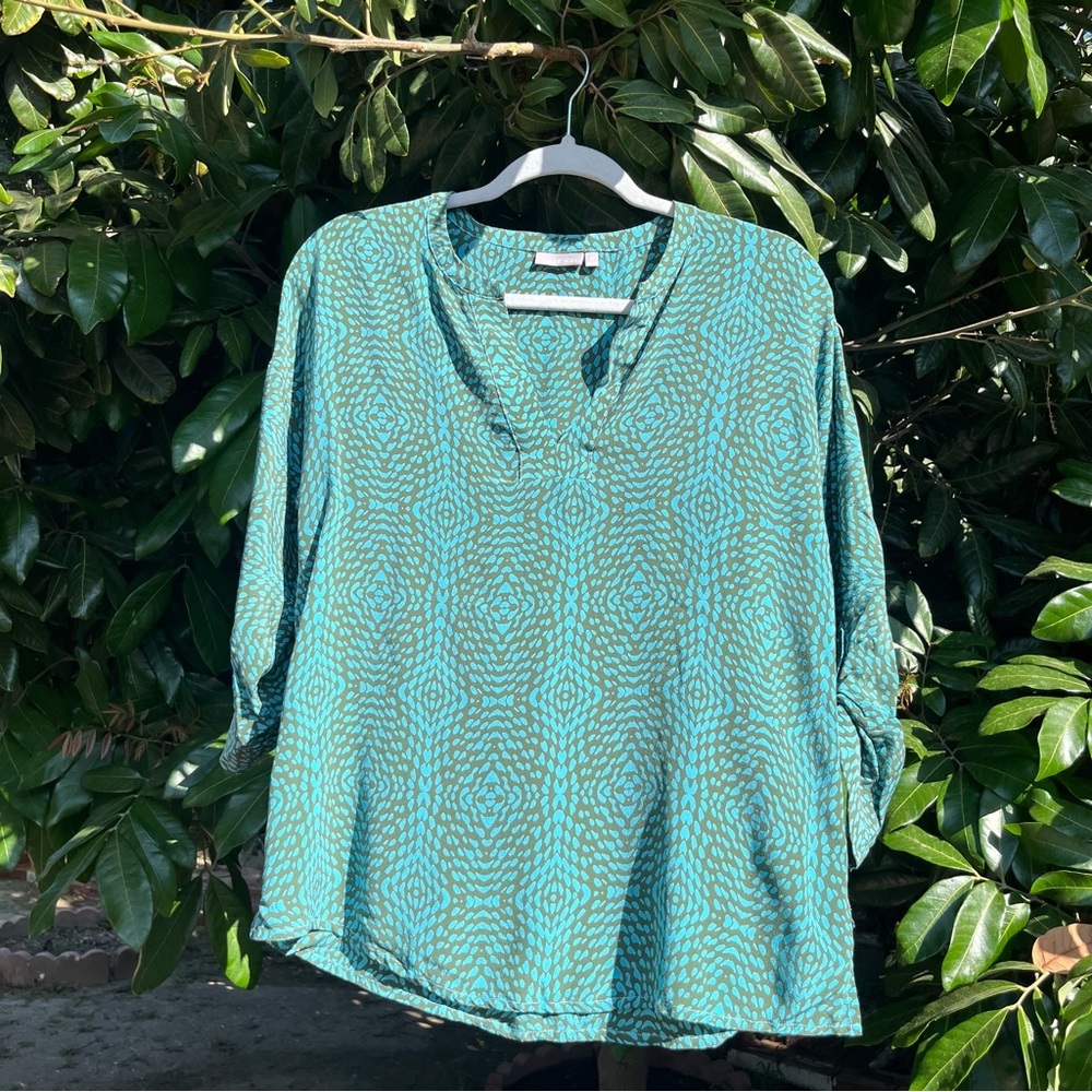 ELLIE KAI‎ teal olive green geo abstract print silk long sleeve popover shirt